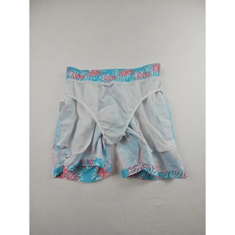 Hang Ten Men's M‎ Swim Trunks Coral Reef Blue Pink Elastic Waist Drawstring